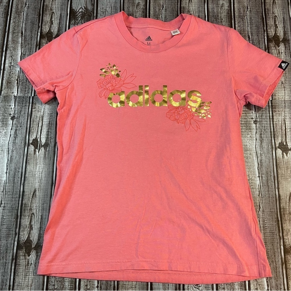 Adidas Salmon Pink Gold Lettering Floral T-shirt size Medium *